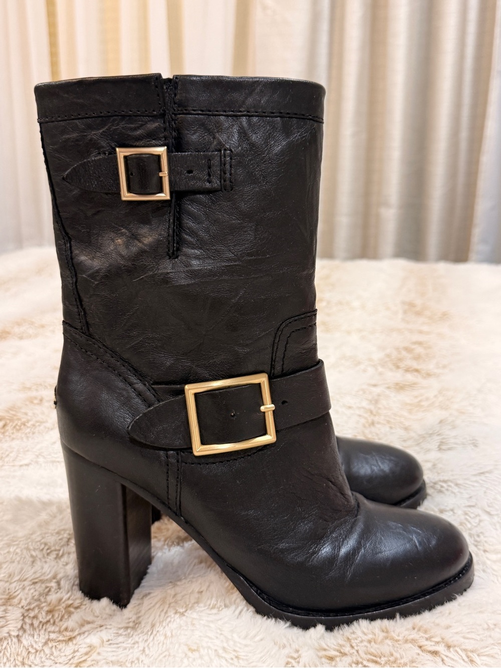 Jimmy Choo Black Leather Moto Engineer Boots Gold Buckles Women’s 7